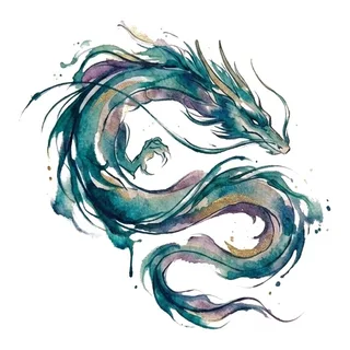 Color watercolor dragon tattoo design, drawn flat for a collarbone tattoo