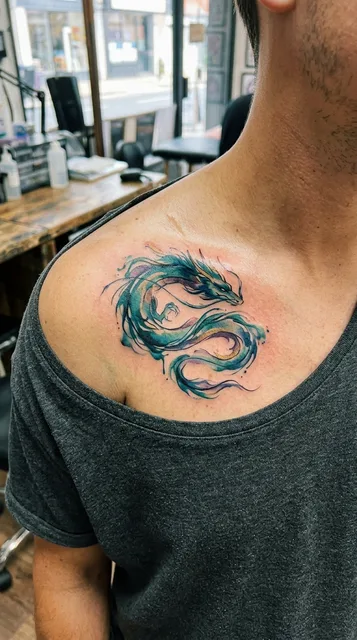 Dragon tattoo on the collarbone