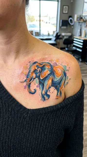 Color watercolor elephant tattoo on a woman's collarbone