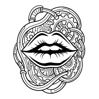 Black and grey biomechanical lips tattoo design, drawn flat for an elbow tattoo