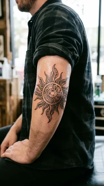 Black and grey biomechanical sun tattoo on a man's elbow