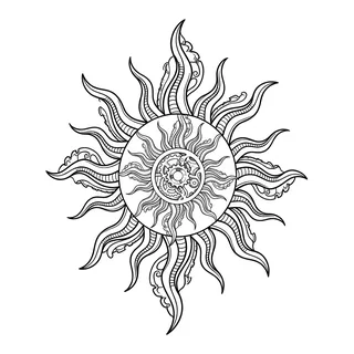 Black and grey biomechanical sun tattoo design, drawn flat for an elbow tattoo