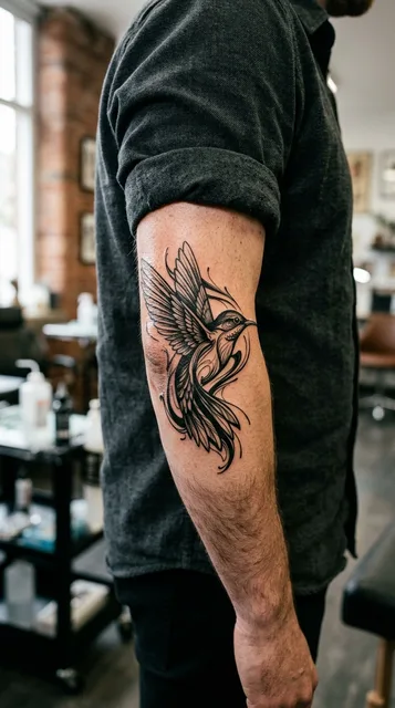 Hummingbird tattoo on the elbow