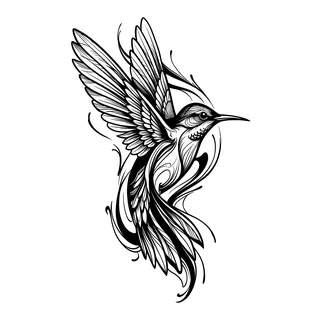Black and white blackwork hummingbird tattoo design, drawn flat for an elbow tattoo