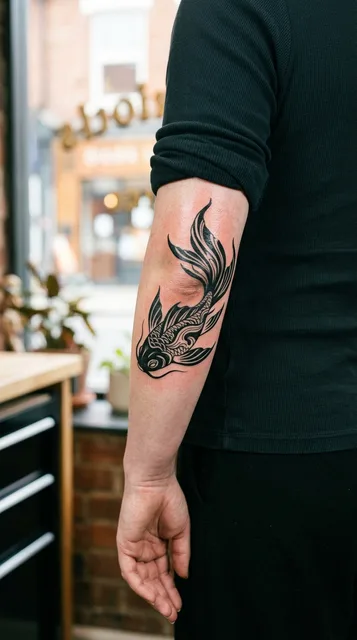 Black and white blackwork koi fish tattoo on a woman's elbow