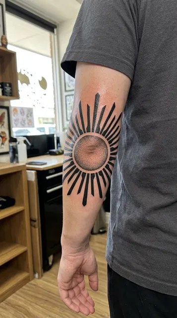 Sun tattoo on the elbow