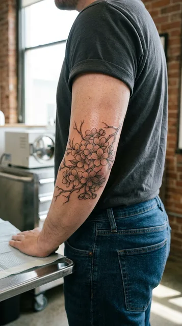 Black and grey dotwork cherry blossom tattoo on a man's elbow