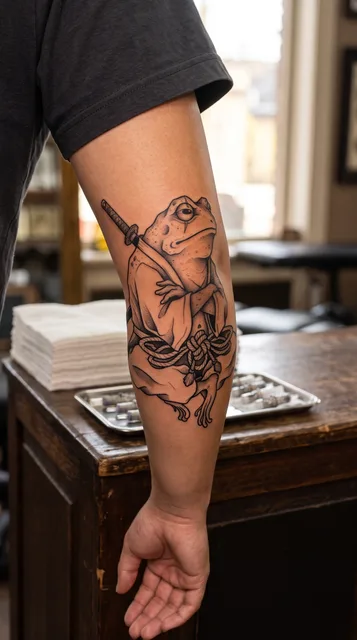 Black and grey dotwork frog tattoo on a woman's elbow