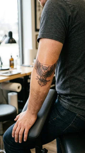 Black and white fine line owl tattoo on a man's elbow