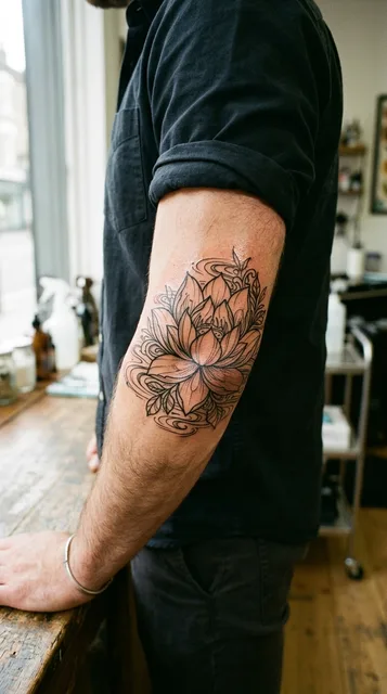 Black and grey illustrative lotus tattoo on a man's elbow