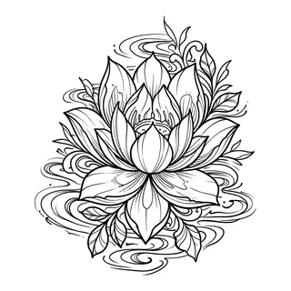 Black and grey illustrative lotus tattoo design, drawn flat for an elbow tattoo