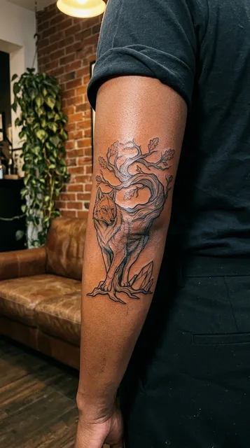 wolf tree tattoo on the elbow