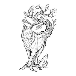 Black and grey illustrative wolf tree tattoo design, drawn flat for an elbow tattoo