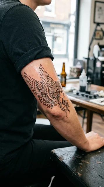 Black and white linework angel tattoo on a woman's elbow