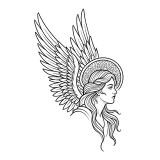 Black and white linework angel tattoo design, outline stencil for an elbow tattoo