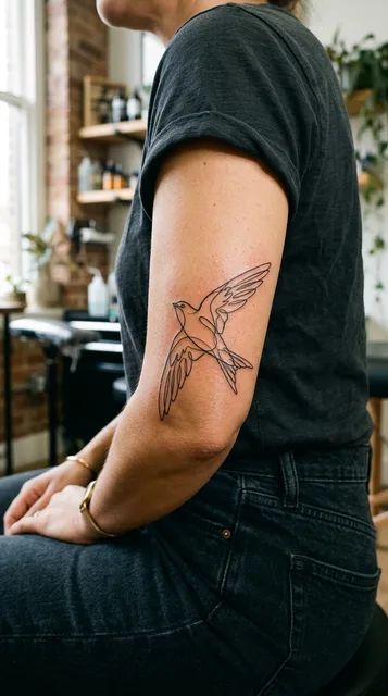Black and white linework bird tattoo on a woman's elbow