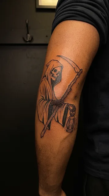 grim reaper tattoo on the elbow