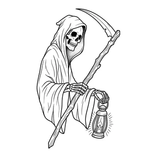 Black and white linework grim reaper tattoo design, outline stencil for an elbow tattoo