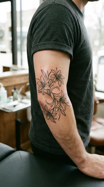 Black and white linework lily tattoo on a man's elbow