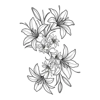 Black and white linework lily tattoo design, outline stencil for an elbow tattoo