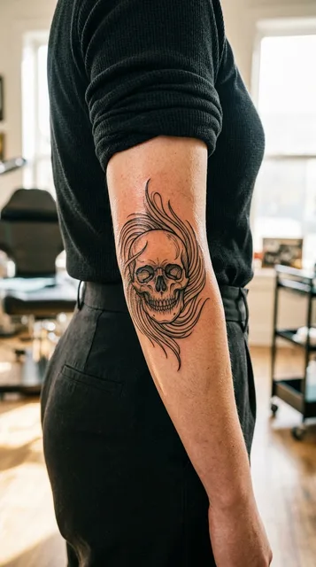 Black and white linework skull tattoo on a woman's elbow