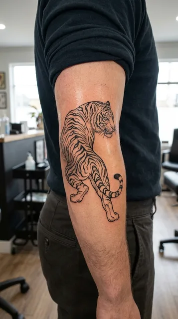 Black and white linework tiger tattoo on a man's elbow