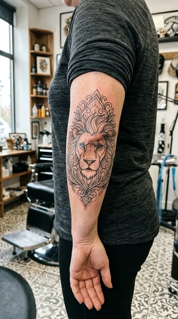 Black and grey ornamental lion tattoo on a woman's elbow