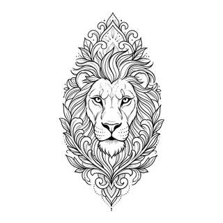 Black and grey ornamental lion tattoo design, drawn flat for an elbow tattoo