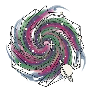Color illustrative galaxy tattoo design, drawn flat for an elbow tattoo