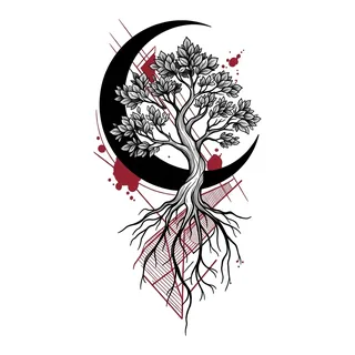 Color illustrative tree tattoo design, drawn flat for an elbow tattoo