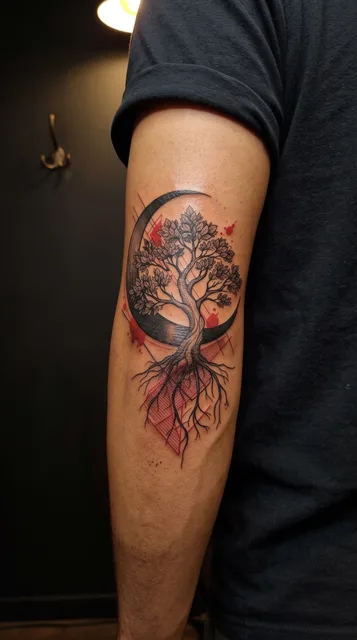 Color illustrative tree tattoo on a man's elbow