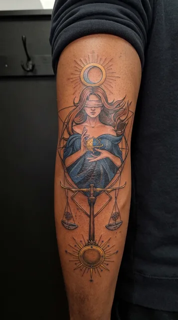 Color illustrative woman tattoo on a man's elbow