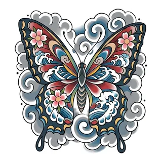 Color Japanese butterfly tattoo design, drawn flat for an elbow tattoo