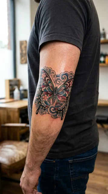 Color Japanese butterfly tattoo on a man's elbow