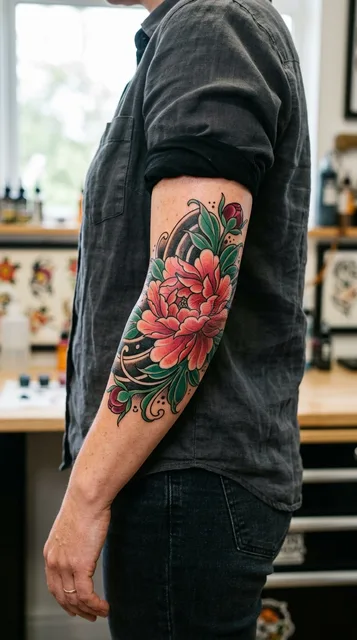 Color Japanese peony tattoo on a woman's elbow