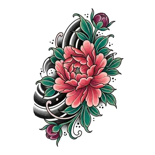 Color Japanese peony tattoo design, drawn flat for an elbow tattoo