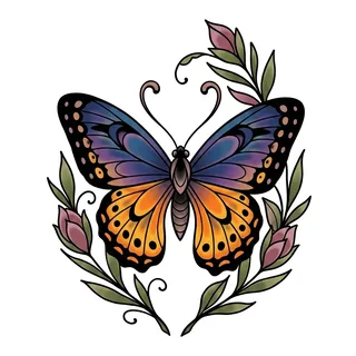 Color neo traditional butterfly tattoo design, drawn flat for an elbow tattoo