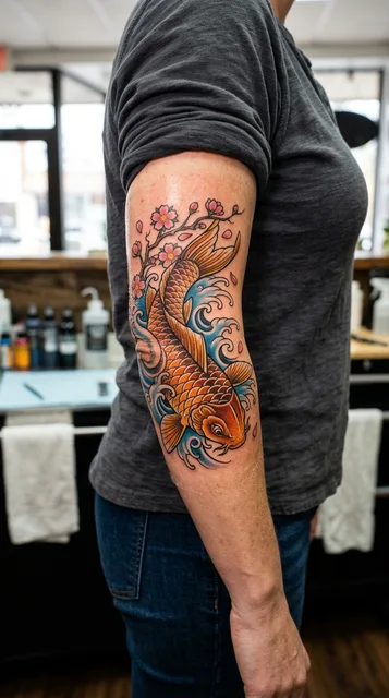 Color neo traditional koi fish tattoo on a woman's elbow