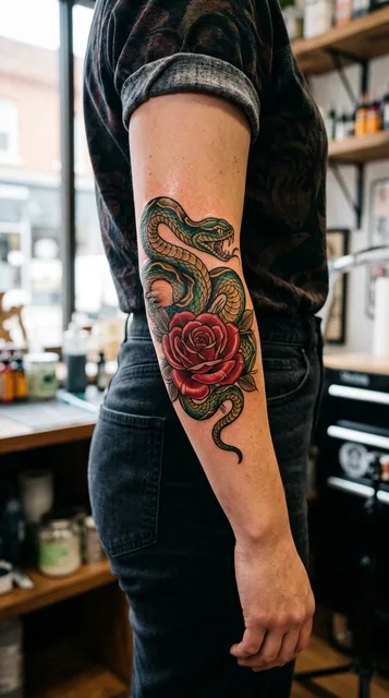 Color neo traditional snake rose tattoo on a woman's elbow