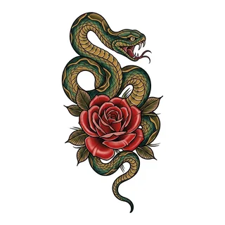 Color neo traditional snake rose tattoo design, drawn flat for an elbow tattoo