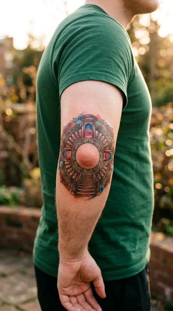 Color watercolor tattoo on a man's elbow
