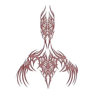 Black and grey biomechanical figure tattoo design, drawn flat for a finger tattoo