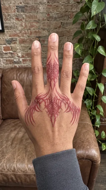 Black and grey biomechanical figure tattoo on a woman's finger