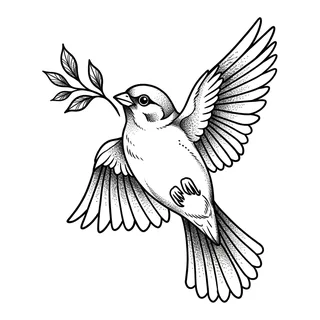 Black and grey dotwork bird tattoo design, drawn flat for a finger tattoo