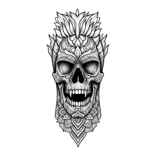 Black and grey dotwork skull tattoo design, drawn flat for a finger tattoo
