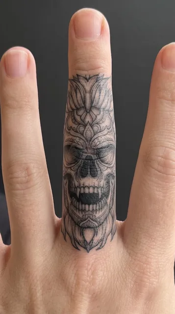 Black and grey dotwork skull tattoo on a woman's finger