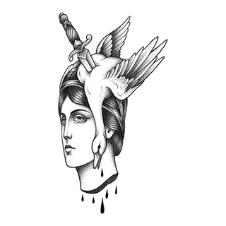 Black and grey dotwork woman tattoo design, drawn flat for a finger tattoo