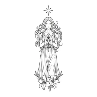 Black and grey illustrative woman tattoo design, drawn flat for a finger tattoo