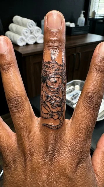 Black and grey Japanese dragon mask tattoo on a woman's finger