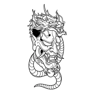 Black and grey Japanese dragon mask tattoo design, drawn flat for a finger tattoo